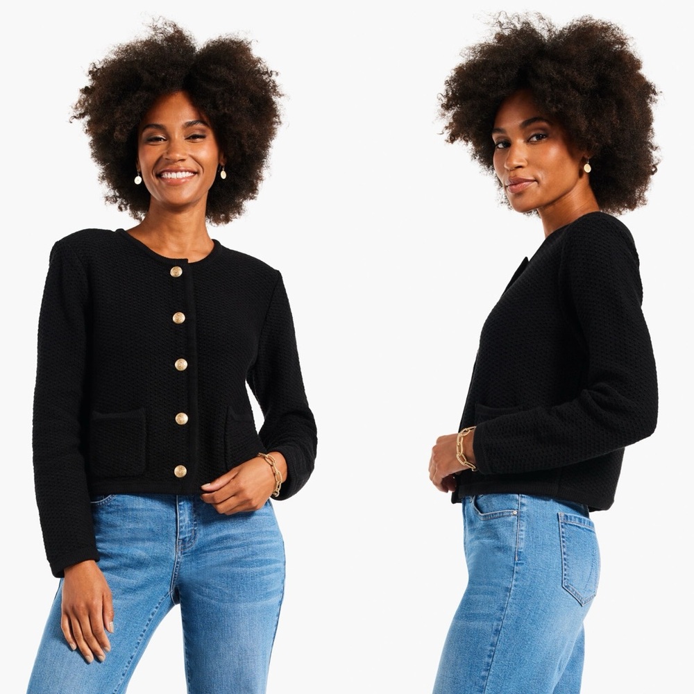 Nic+Zoe Black Gold Button Gilded Texture Cardigan Sweater Jacket, Large